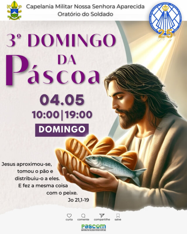 . . .
🎚️ SANTA MISSA | 3º DOMINGO DA PÁSCOA
🕊️ No 3º Domingo da Páscoa, a Igreja nos convida a renovar a esperança na presença viva do Cristo Ressuscitado. Ele é o Alfa e o Ômega, aquele que venceu a morte com amor e caminha conosco, sustentando-nos em cada passo da nossa jornada.📅 Domingo, 04 de maio de 2025
🕙 Horários: 10h e 19h
📍 Local: Capelania Militar Nossa Senhora Aparecida – Oratório do Soldado“Somos testemunhas, nós e o Espírito Santo.” (At 5,32)✨ Neste tempo pascal, somos chamados a reconhecer o Senhor em nossa vida cotidiana, assim como os discípulos O reconheceram ao partir o pão. Venha viver conosco esse encontro profundo com o Ressuscitado!🙌 Vista-se de fé, traga sua família e venha participar da Santa Missa com o coração aberto para testemunhar a vida nova que vem de Cristo!💬 Traga sua família e amigos para vivermos juntos este dia de esperança!🔔 Siga @caplmilnsraaparecida para acompanhar mais momentos de fé, oração e espiritualidade!📖 "Cristo ressuscitou, aleluia! Venceu a morte com amor!"
.
.
.
.
.
.
.
#SantaMissa #TempoPascal #CristoRessuscitou #3DomingoDaPáscoa #Liturgia #CapelaniaMilitar #BoaVistaRR #SomosTestemunhas #Jubileu2025 #Esperança #Fé #OratórioDoSoldado #MissaDominical